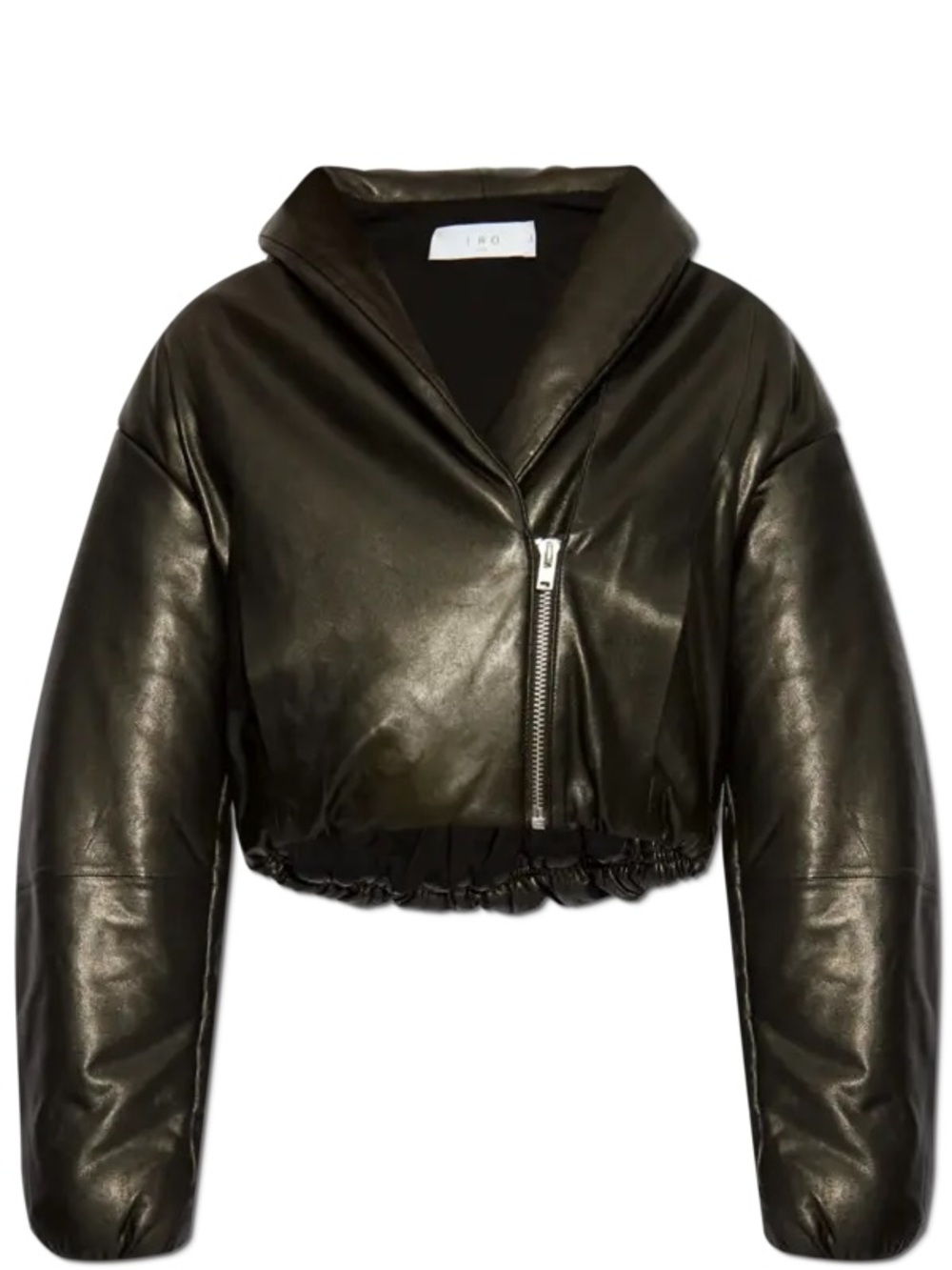 IRO Black Cropped Leather Puffer Asymmetrical Zip Jacket